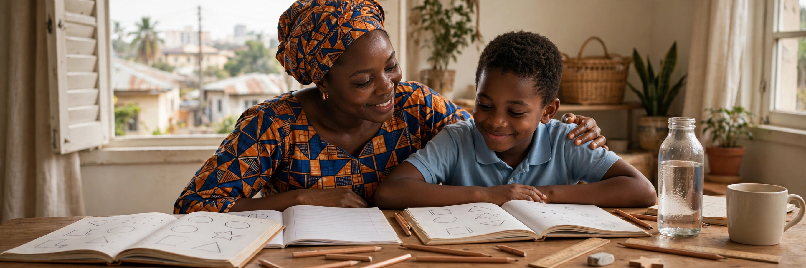 A Nigerian mother gently encouraging her young son as he studies at a table at home