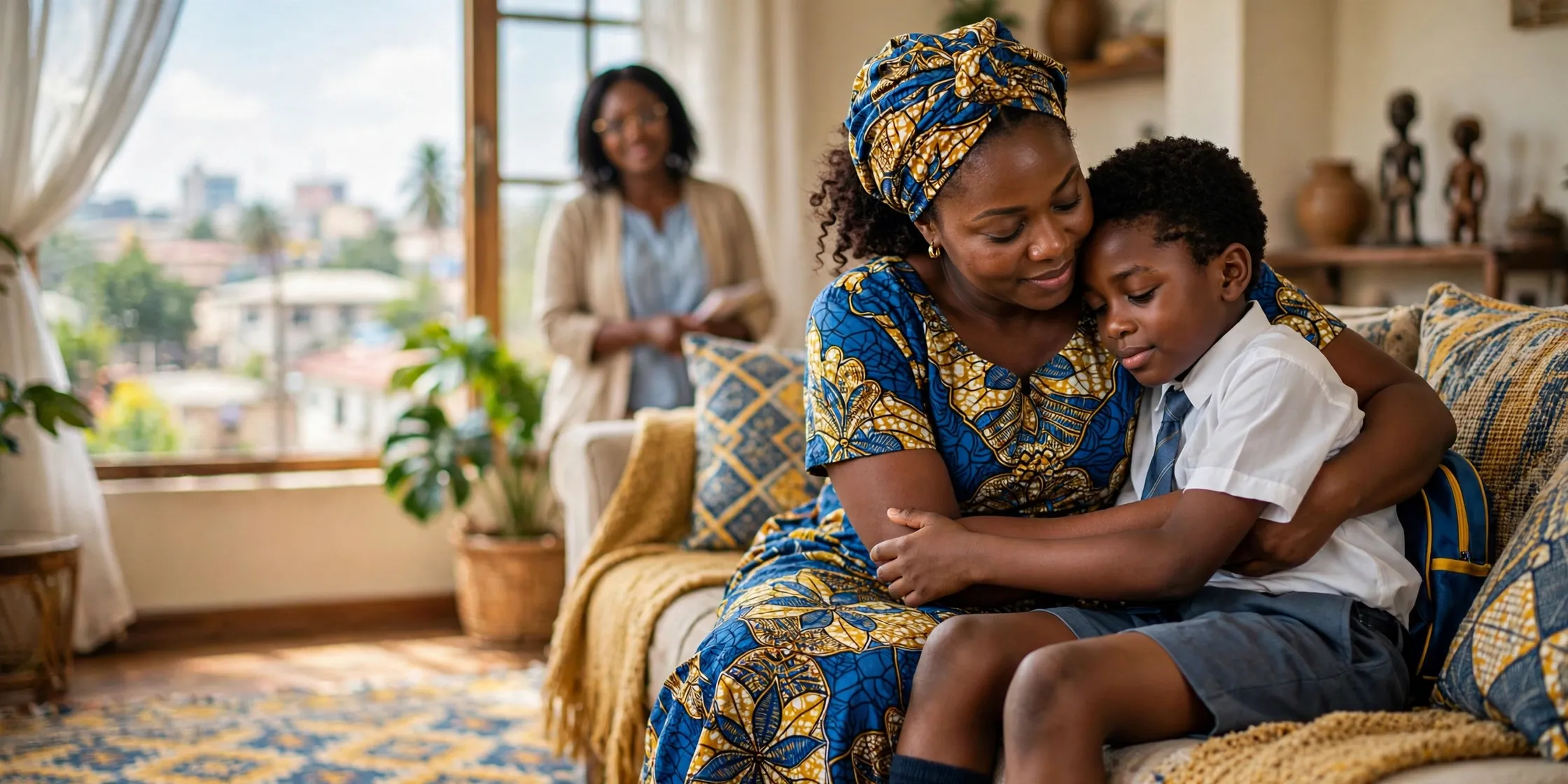 A Nigerian mother in a blue and gold Ankara dress comforting her young son in school uniform at home, with a teacher standing supportively in the background