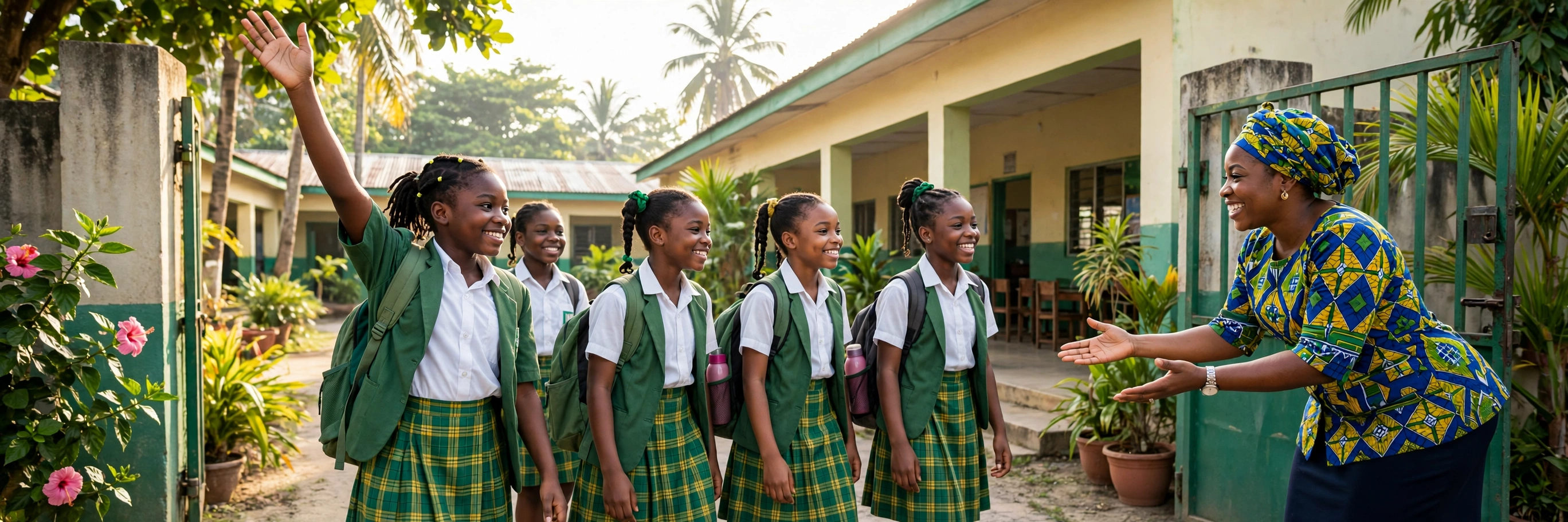 Nigerian schoolgirls in green uniforms arriving at the school gate in the morning, one waving, greeted warmly by their teacher in colourful Ankara dress