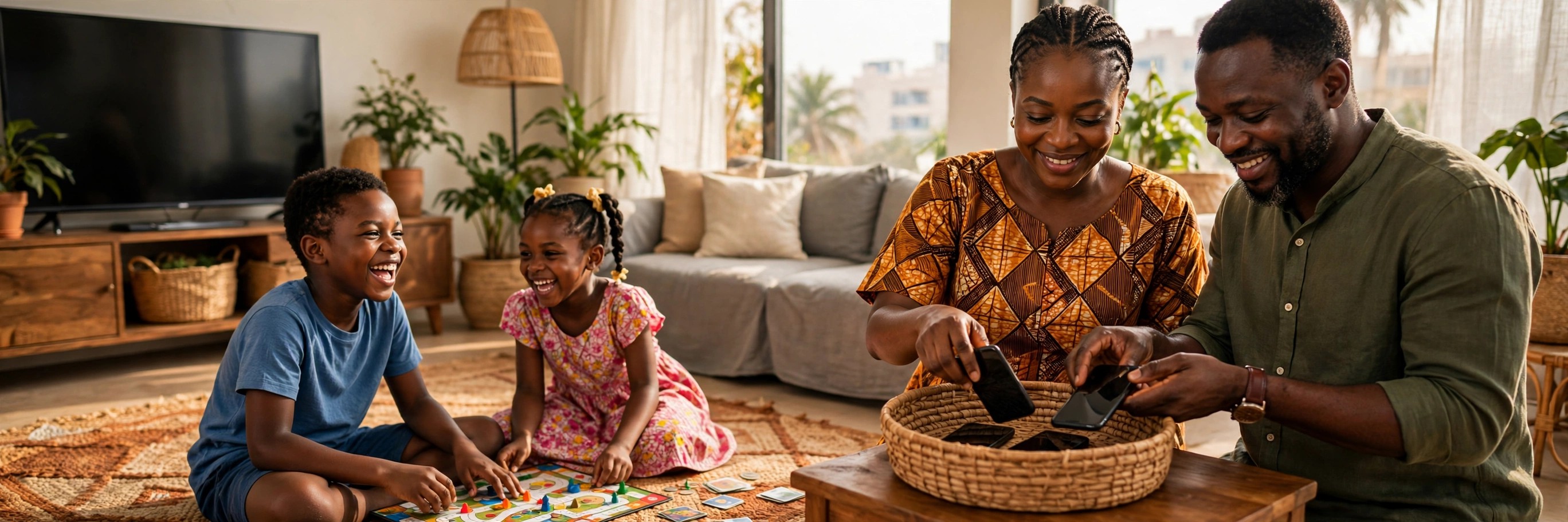 A Nigerian mother and father smiling as they place their smartphones into a woven basket while their two children laugh over a board game in a bright Lagos living room, the television switched off behind them