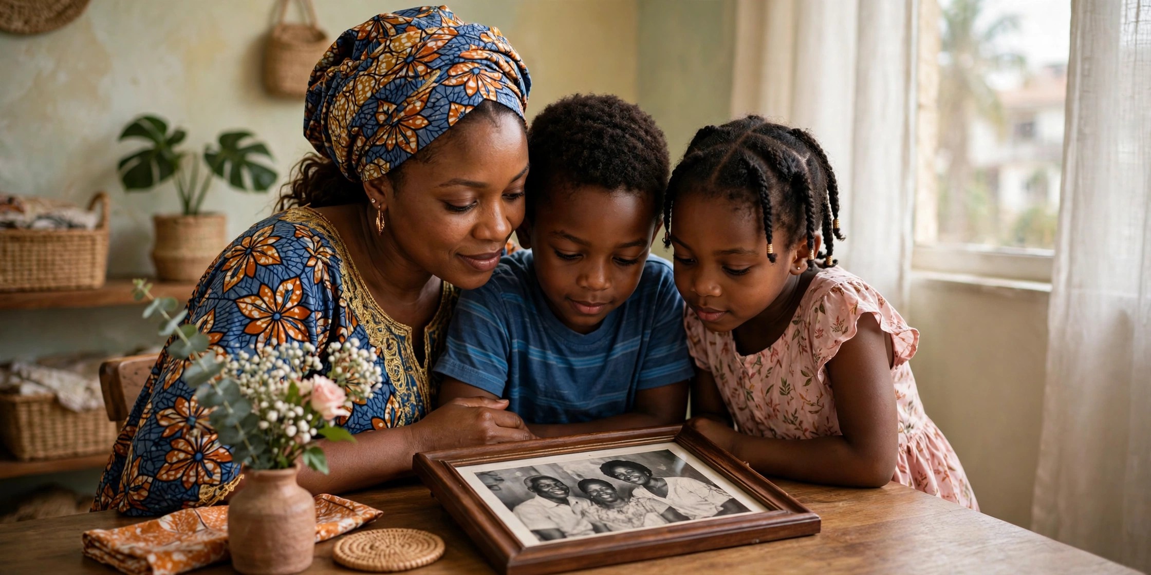 A Nigerian mother in a colourful Ankara dress sitting at a wooden table at home with her young son and daughter, looking together at a framed family photograph with a small vase of flowers beside it