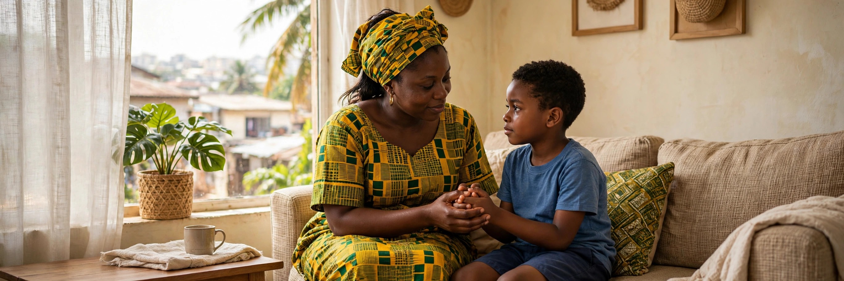 A Nigerian mother in a yellow and green Ankara dress and headwrap sitting on a sofa at home in Lagos, gently holding her young son's hands as she comforts him