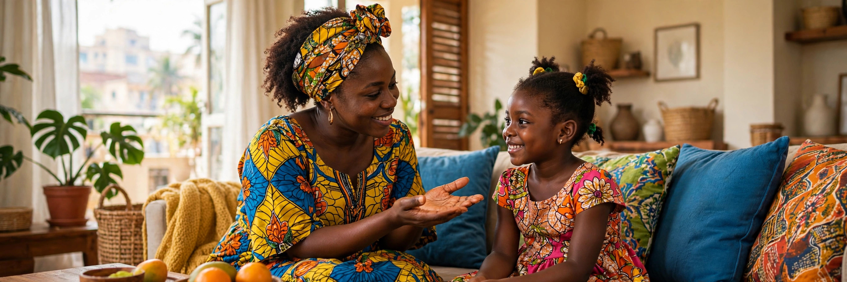 A Nigerian mother in colourful Ankara dress sitting on a sofa at home, gently talking with her smiling young daughter