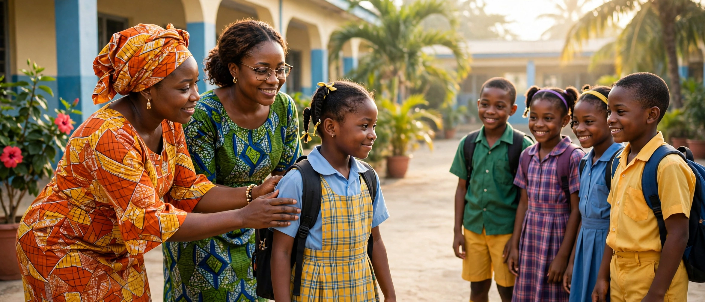 A Nigerian mother and teacher gently encouraging a shy young schoolgirl in a bright Lagos school courtyard, as she smiles toward welcoming classmates — an illustrative image for Issue No. 11 of the OLIC Newsletter.
