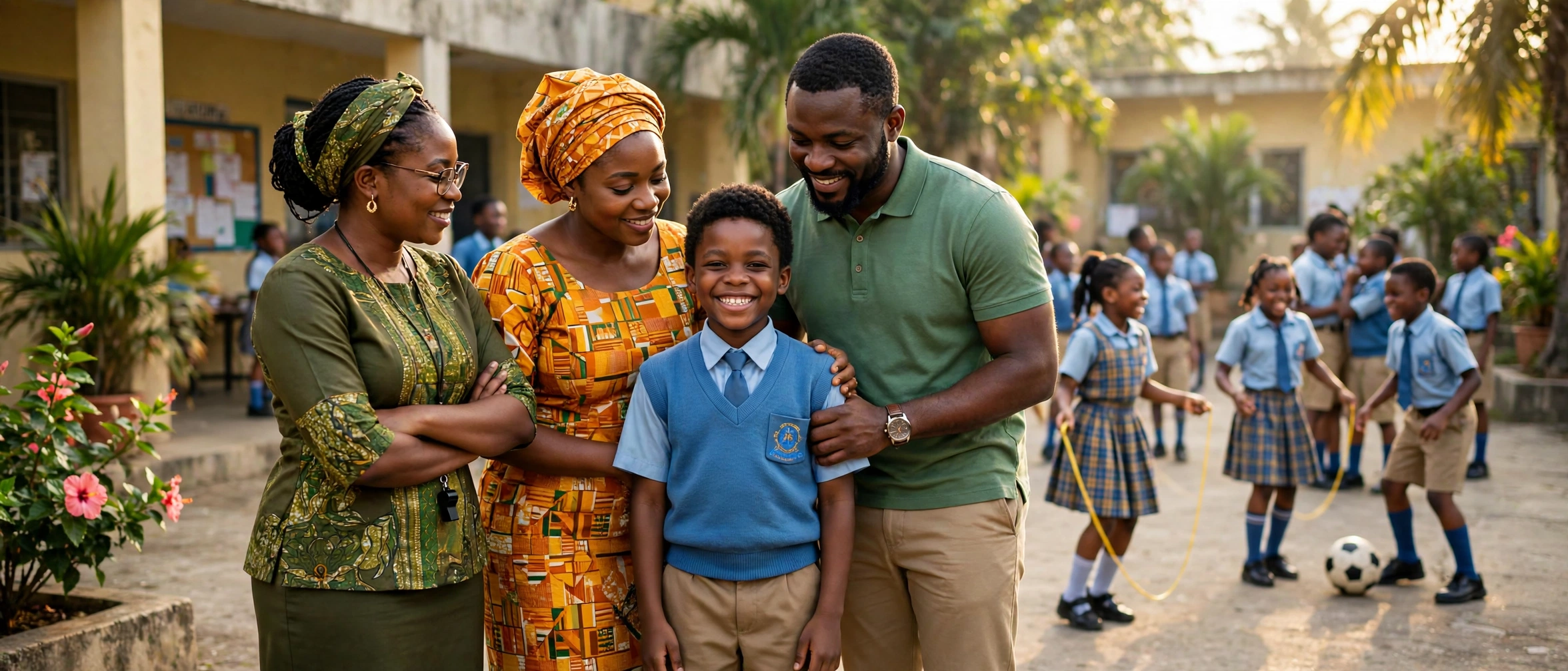 A Nigerian teacher and parents standing warmly and protectively beside a smiling young schoolboy in uniform in a bright Lagos school courtyard, with schoolchildren playing kindly behind them — an illustrative image for Issue No. 13 of the OLIC Newsletter.