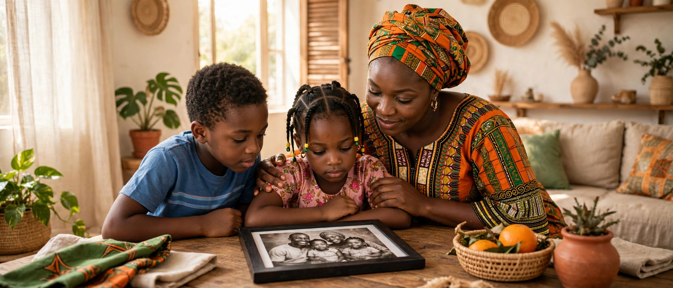 A Nigerian mother in colourful Ankara dress gently comforting her young son and daughter as they look together at a framed black-and-white family photograph on a wooden table in a bright, warm living room — an illustrative image for Issue No. 15 of the OLIC Newsletter.