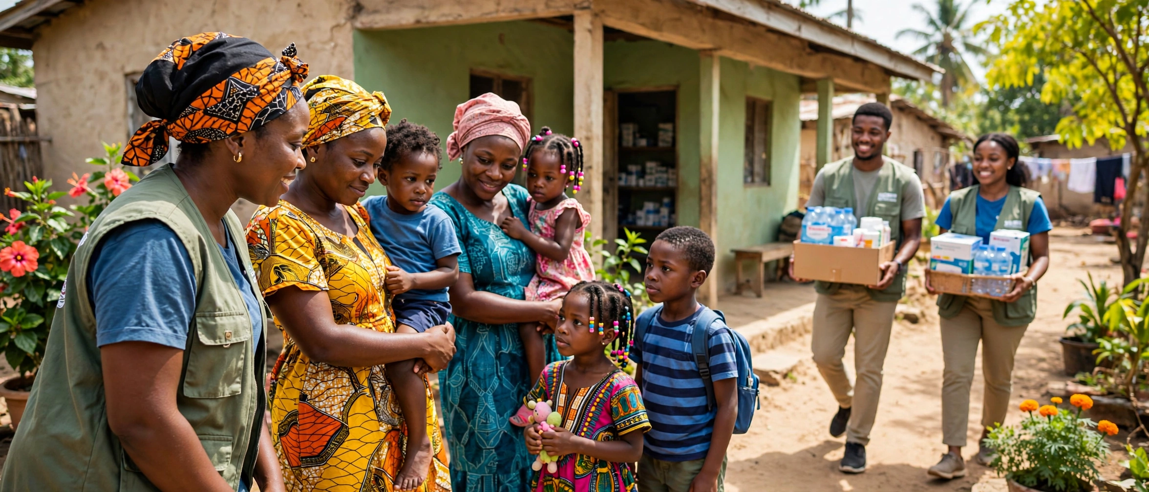 A Nigerian outreach worker listening warmly to women and children outside a community building in bright daylight, with volunteers carrying health supplies nearby — an illustrative image for Issue No. 6 of the OLIC Newsletter.