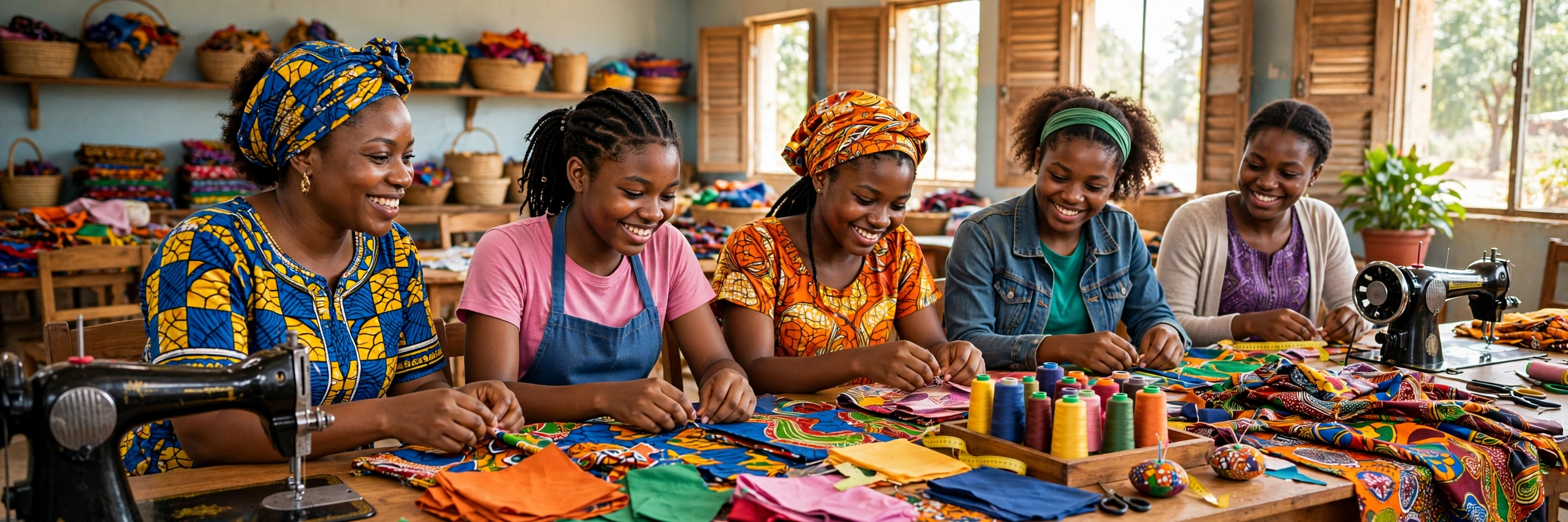 A Nigerian mentor guiding young women and teenagers in a bright vocational skills workshop, sewing and learning together with smiles — an illustrative image for Issue No. 7 of the OLIC Newsletter.