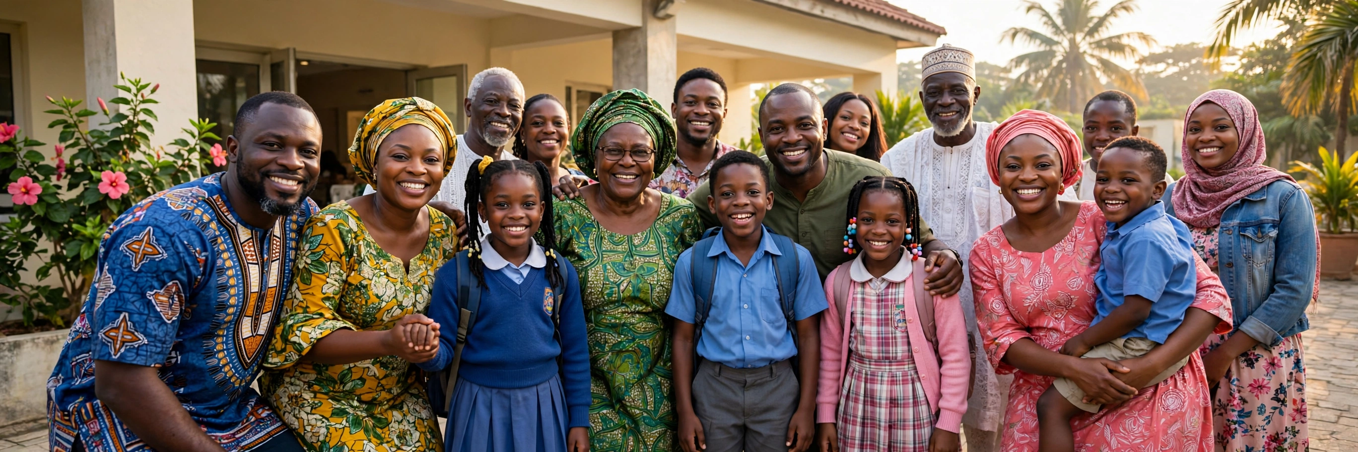 A joyful Nigerian extended family and community — parents, grandparents and schoolchildren in colourful dress — smiling together outside a bright community building in warm morning light — an illustrative image for Issue No. 9 of the OLIC Newsletter.